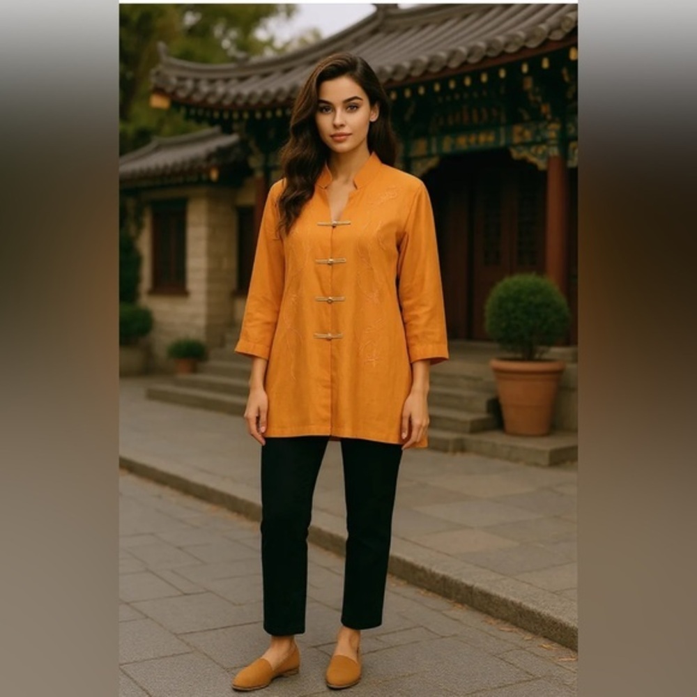 🧡Dean & White Mandarin, coral / embroidered button down linen top, 3/4 sleeves🧡